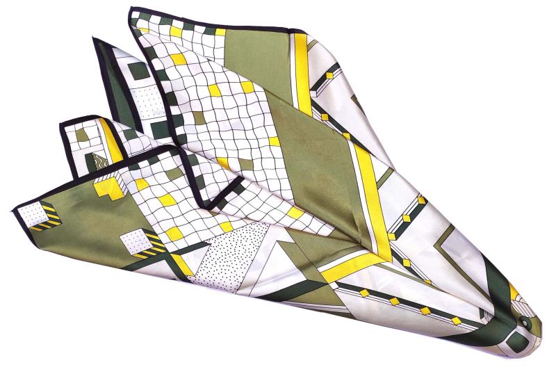 Foulard Shawl Silk Satin 90X90 Geometry Green Yellow Wight Black